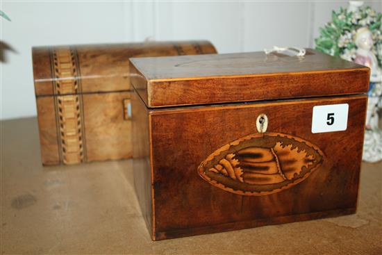 Geo III paterae-inlaid 2-division tea caddy, Cheshire label to interior (a.f) & a Vict dome top parquetry-inlaid caddy
